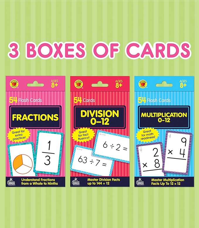 Carson Dellosa Education Division, Fractions, and Multiplication Flash Cards, 3 Sets of Flashcards, Math Games for Kids 8-12, 3rd Grade Mathematics Practice and Up