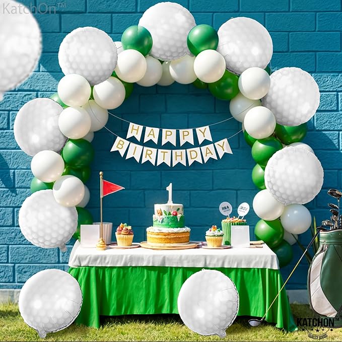 KatchOn, White Foil Golf Balloons - 18 Inch, Pack of 10 | Golf Balloons for Golf Themed Party Decorations, Foil Mylar Golf Ball Balloons For Birthday, Golf Ball Party Balloons for Hole in One Decor