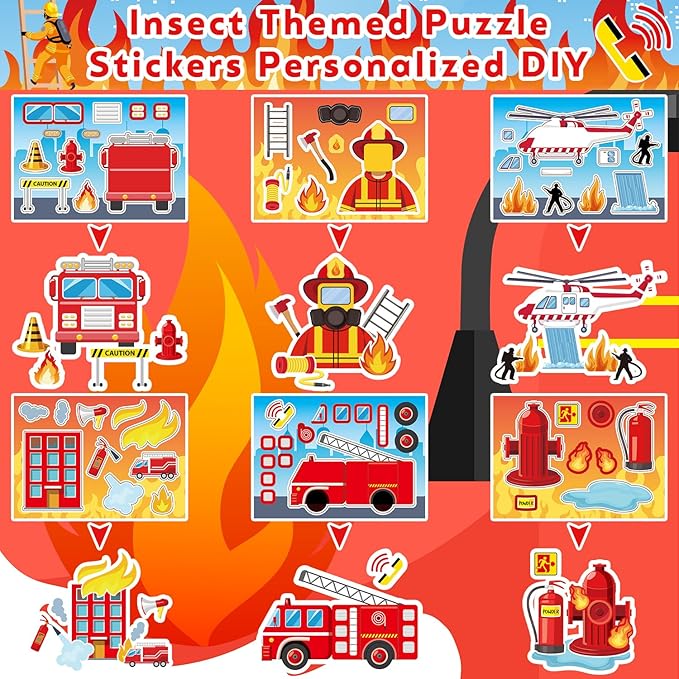 122PCS Fire Truck Party Favors, 50 Stickers, 12 Assemble Stickers, 12 Button Badges, 12 Mini Notepads, 12 Slap Bracelets, 12 Rubber Bracelets, 12 Goodie Bags for Firefighter Firetruck Party Supplies