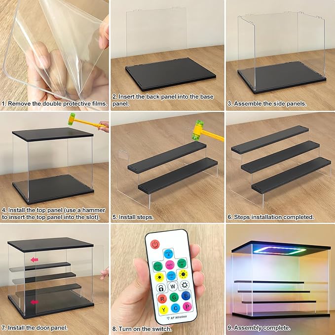 NONEMEY Clear Acrylic Display Case with Light ,3/4/5/6 Tier Multiple Color Lights via Remote Control Dustproof Display Box for Collectibles Figures Mini Toys (6 Tiers 19.6 * 12.5 * 16.5inch)