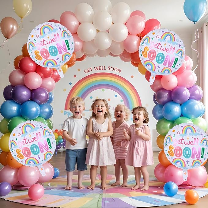 18 Inch Get Well Soon Foil Balloons Set, 4pcs Mylar Round Rainbow Balloon with GET WELL SOON Letter Print Helium Balloons for Kids Adults Hospital Recovery Cheer Up Thinking of You Party Decorations
