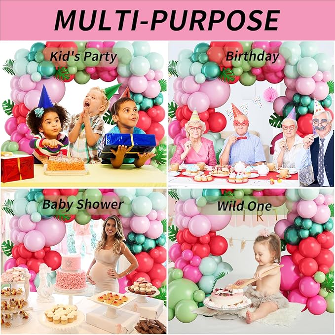 Pink Flamingo Balloons Garland Arch Kit Tropical Balloons with Olive Green Pastel Pink Red Chrome Green Hot Pink Latex Balloon for Summer Beach Hawaii Party Birthday Luau Aloha Decoration