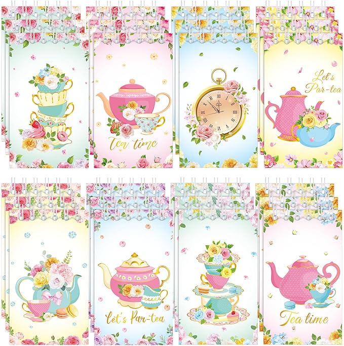 Faccito 24 Pcs Mini Tea Notebook Floral Tea Mini Notepad Party Favors Teapot Party Small Spiral Pocket Notebooks Floral Teapot Time Notepad Memo Spiral Notebooks for Birthday Classroom Reward Supplies
