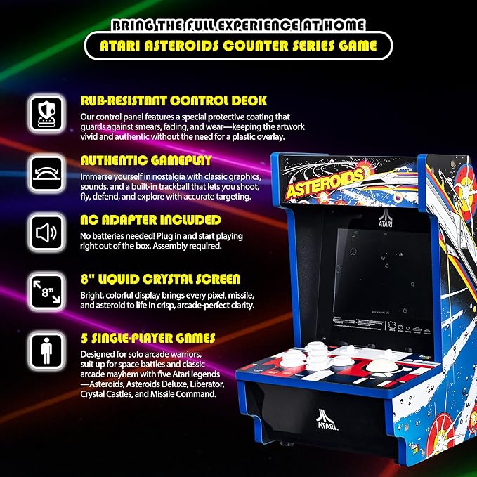 Arcade Classics - Atari Asteroids Counter Series Game Machine, 5 Games, 8" Liquid Crystal Screen - Mini Cabinet, Portable Gaming, Retro, Countertop Console, Basement Decoration, Man Cave
