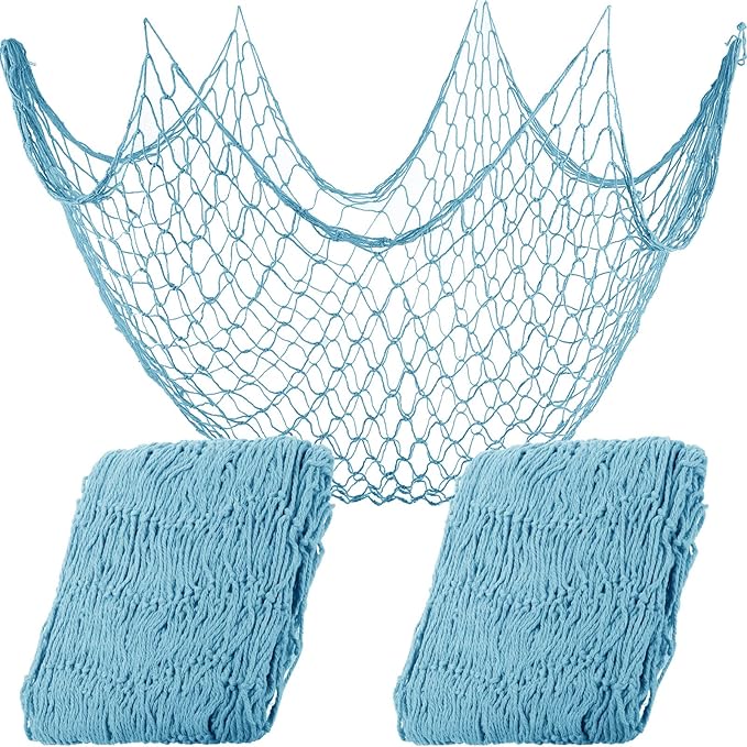 Shappy 2 Pcs Fish Net Decorative 80 x 40 Inch, Wall Hanging Fishnet for Mermaid, Pirate, Nautical, Under the Sea Party Decoration Ocean Themed Hawaii Beach Birthday Halloween Party Supplies(Blue)