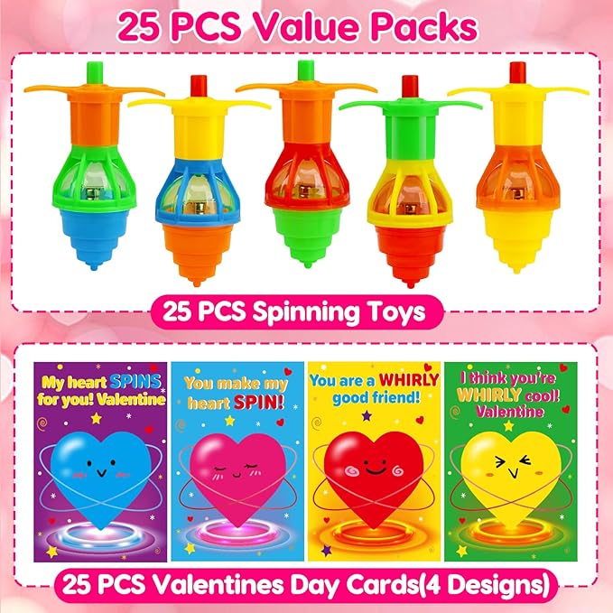 25PCS Light Up Spinning Tops Valentines Day Gifts for Kids School Funny Valentine Exchange Cards for Kids Classroom Toddler Boy Girl Valentine’s Class Party Favors Goodie Bag Stuffers Bulk Prizes