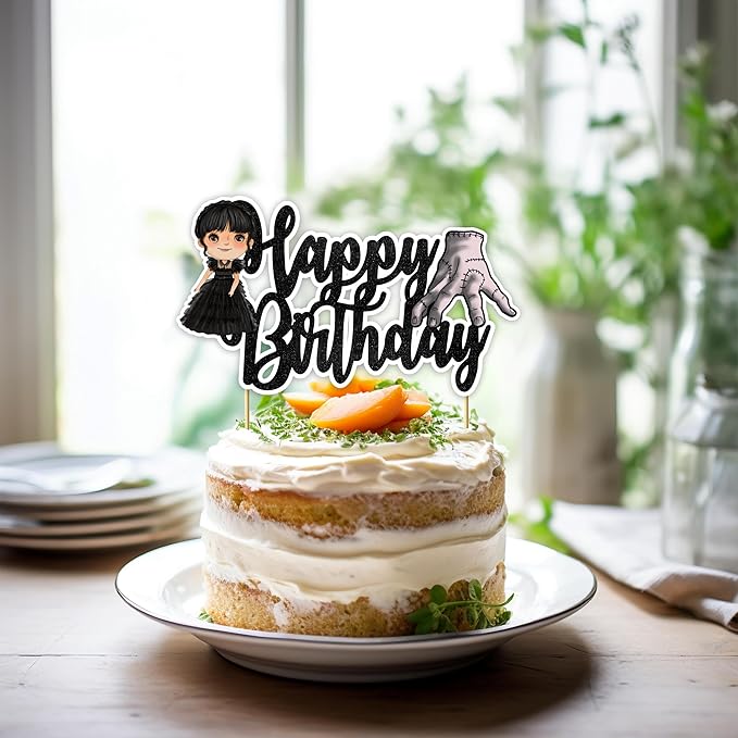 "Wednsday Happy Birthday Cake Topper – Spooky Gothic Theme Birthday Party Decoration – Creepy and Cool Cake Decoration for Adults – Addams Family Inspired Party Supplies for Halloween & Birthdays"