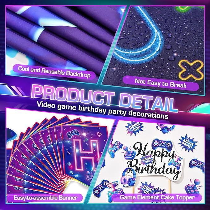 Video Game Birthday Decorations for Boys, Happy Birthday Banner Backdrop, Gaming Tablecloth, Blue Purple Balloon Arch Kit, Cake & Cupcake Topper, Kid Gamer Birth day Decorations Party Supplies