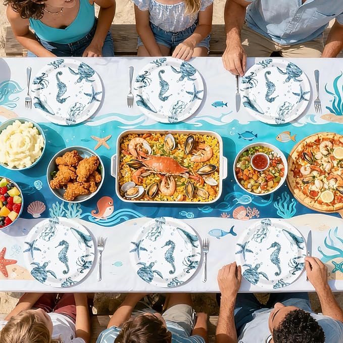 50Pcs Coastal Paper Plates 10 Inch Large Heavy Duty Seahorse Starfish Seashell Platters Blue Ocean Jellyfish Themed Plates for Winter Xmas Beach Holiday Birthday Lunch Dinner Supplies Decorations