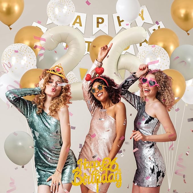 26th Birthday Decorations, White and Gold Happy Birthday Decoration Kit With Beige Number 26 Balloons Cream White Latex Balloon Champagne Fringe Curtain Cake Topper Banner For 26th Party Supplies