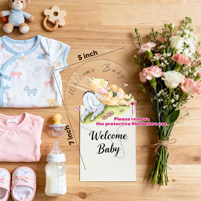 Classic Bear Cake Topper Acrylic 5x7" Vintage Style for Baby Shower Decorations, Winnie Themed Birthday Party Supplies, Oh Baby Welcome Home Cake Decor, Sturdy & Washable Keepsake