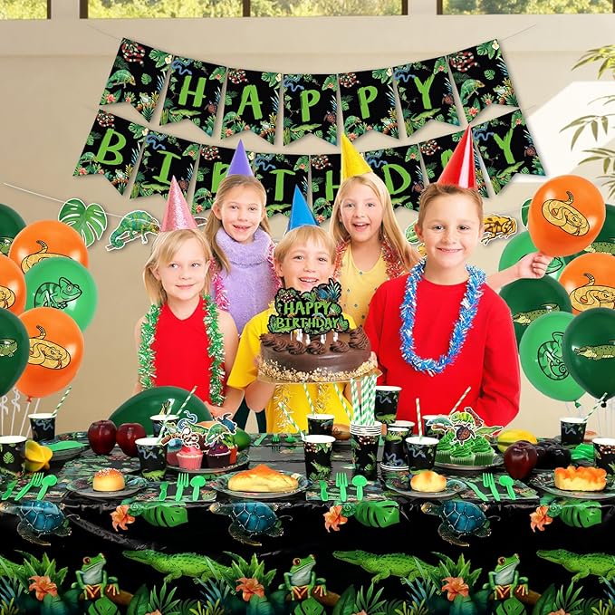 KEFAN Reptile Party Decorations, Wildlife Lizards Snakes Crocodiles Party Tableware Supplies including HAPPY BIRTHDAY Banner, Plates, Cups, Napkins, Tablecloth, Balloons-Serves 20