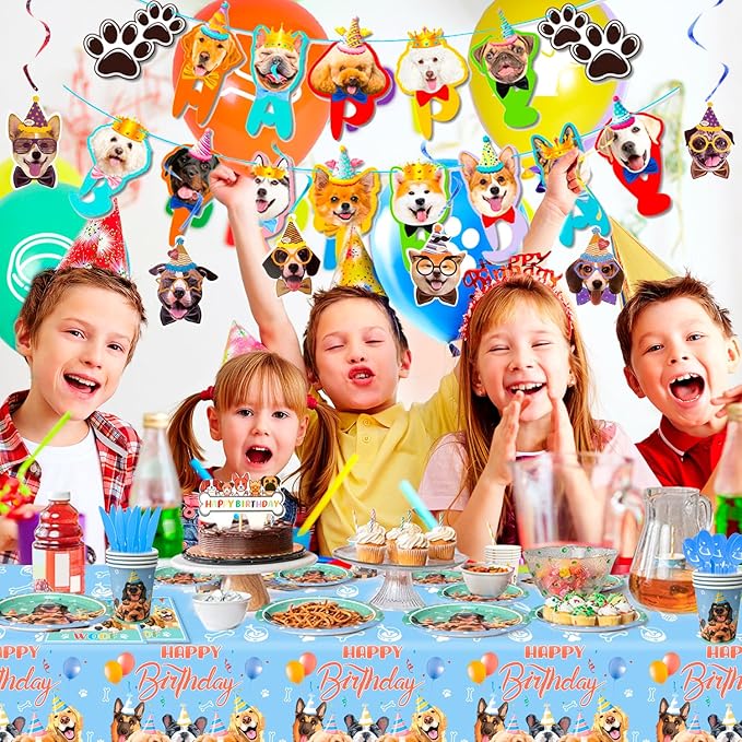 159 Pcs Puppy Birthday Party Decorations, 16 Guests Dog Birthday Tableware Set Dog Party Plates Cups Napkins Tablecloth Banner Balloon Cake Topper etc Puppy Themed Party Supplies