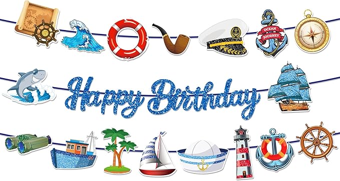 CC HOME 3Pcs Sailing Navigation Happy Birthday Banner Pirate Navy Party Hanging Banner Career Theme Birthday Bridal Wedding Baby Shower Boys Girls Kids Home Classroom Party Supplies Decorations