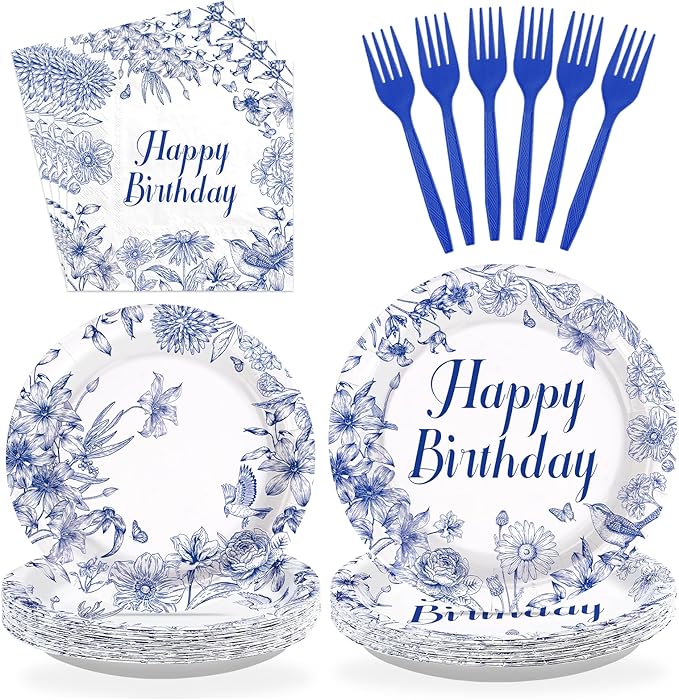 96 Pcs Blue and White Floral Party Supplies Chinoiserie Birthday Plates and Napkins Disposable Elegant Blue Floral Tableware Set for Birthday Baby Shower Party Decorations, Serves 24
