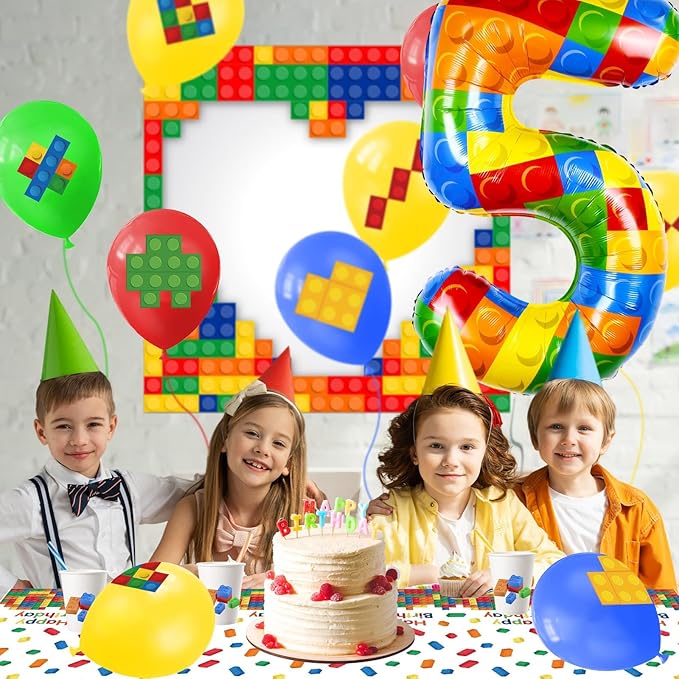 40 Inch Building Block Number Balloon, Colorful Number Block Foil Number 5 Balloons Large Big Numbers Helium Balloon for Girls Boys 5th Birthday Brick Theme Party Decorations (Number 5)