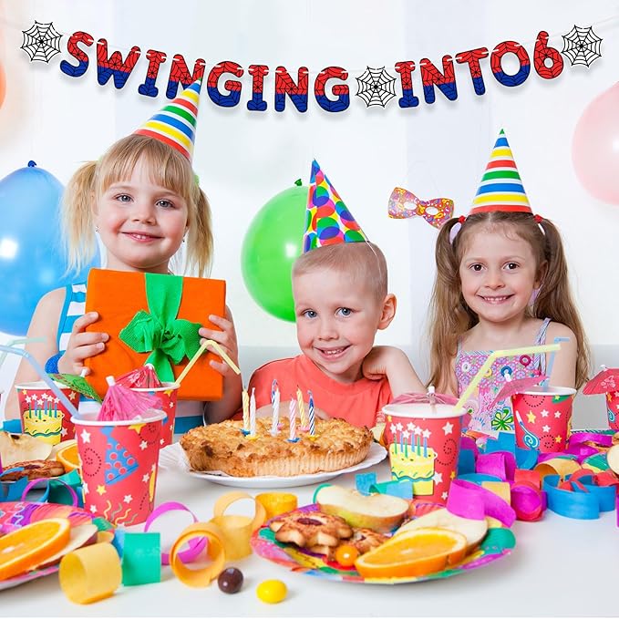 TaoBary Spider Theme 6th Birthday Banner, Pre-strung Swinging into 6 Banner, Spider 6th Birthday Decorations Party Supplies for Kids, Sixth Decor for 6 Year Old Boys Girls(Red and Blue)