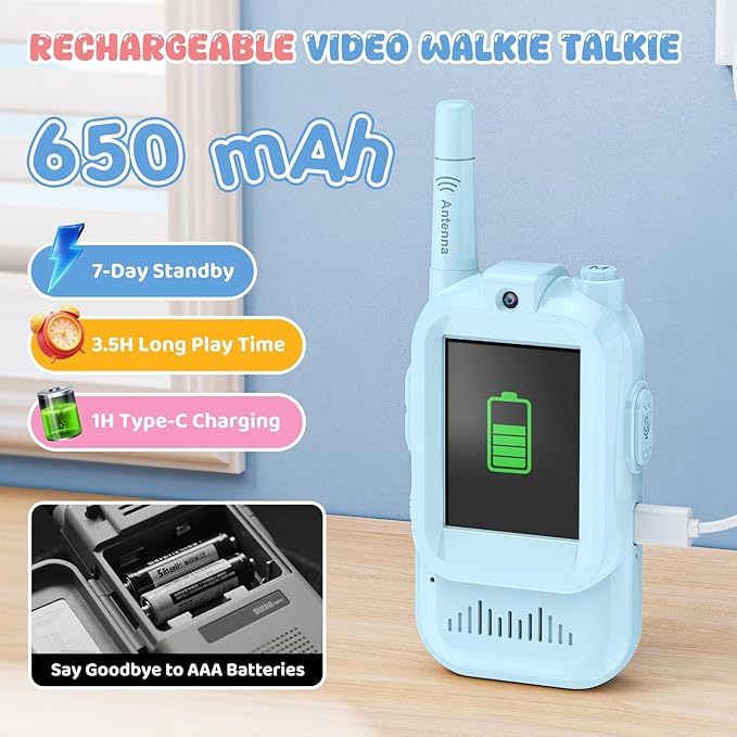 Kids Video Walkie Talkie, 2 Pack Rechargeable Walkie Talkie with Screen Camera, Long Range Facetime Chat, Toys for 3-12 Boys Girls, Birthday Easter Toddler Gifts, Indoor Outdoor Camping Toys