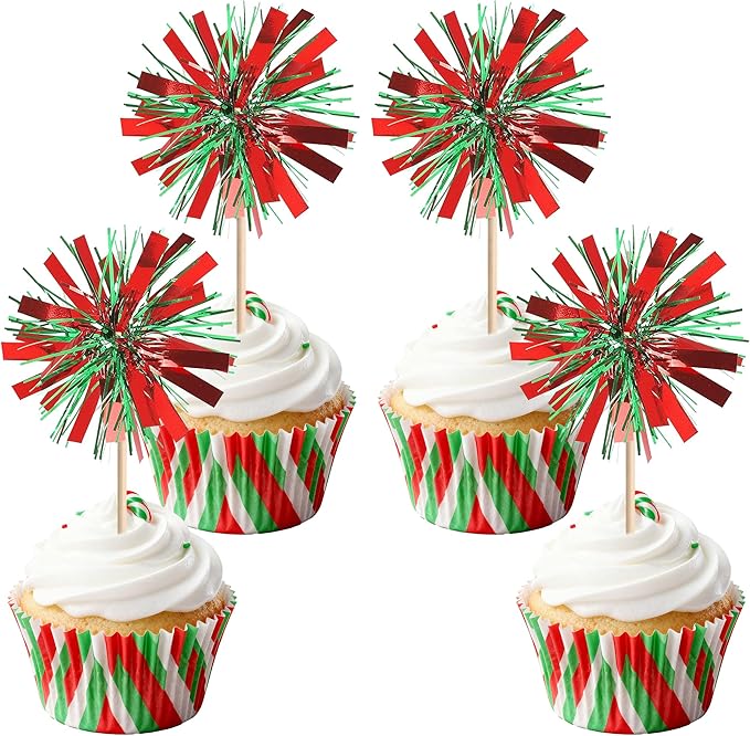 30 PCS Foil Firework Cupcake Toppers Sparkle Tinsel Cupcake Picks Happy Birthday Cake Decorations Drink Stirrers Cocktail Food Fruit Toothpicks for Baby Shower Graduation Party Supplies Red Green