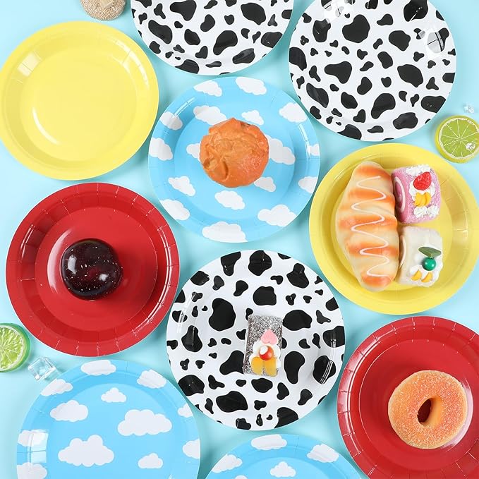 48Pcs Cartoon Story Birthday Party Paper Plates for Toy Inspire Game Story Table Supplies 7" Cow Print Sky Blue Cloud Disposable Dessert Tableware for Kids Birthday Baby Shower Party Decorations