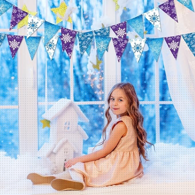 HESTYA 49 ft Winter Party Decoration Snowflake Triangle Banners Snow Pennant Paper Flags for Winter Birthday Party Decoration Supplies