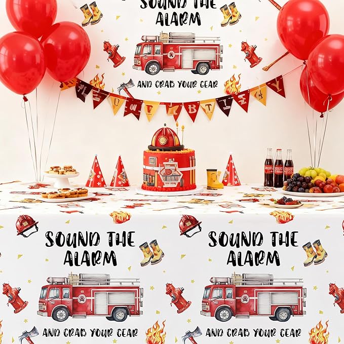 Fire Truck Birthday Decorations Supplies Tablecloth for Kids, 3Pcs Disposable Sound The Alarm Theme Firefighter Party Table Cover Decorations for Fireman Birthday Baby Shower, 55in x 86in