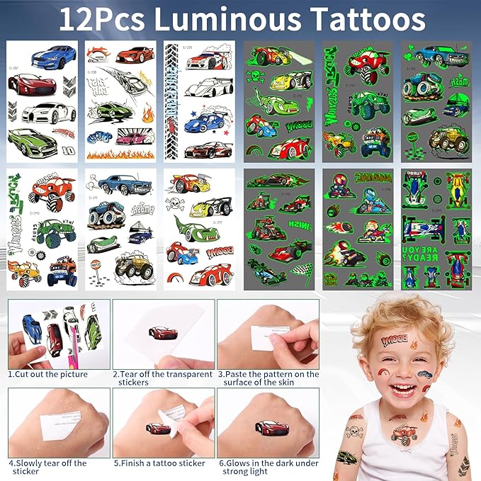 Winrayk 12 Sets Race Car Party Favors Birthday Supplies Racing Drawstring Bags Luminous Tattoo Stickers Boys Kids Racing Gifts Toys Goodie Bag Stuffers Filler Race Car Themed Birthday Party Supplies