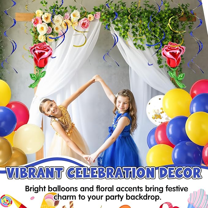 91 Pcs Yellow Blue Gold Birthday Party Decoration Balloons Set, Gold Confetti and Red Rose Foil Balloons, Hanging Swirls for Women Girls Wedding Engagement Birthday Princess Party Supplies