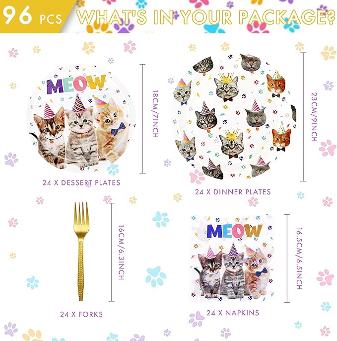 CANREVEL 96 PCS Cat Party Plates Serve 24, Cat Plates and Napkins Forks Set, Disposable Tableware for Birthday Supplies Party Decorations for Grils Women Boys Men