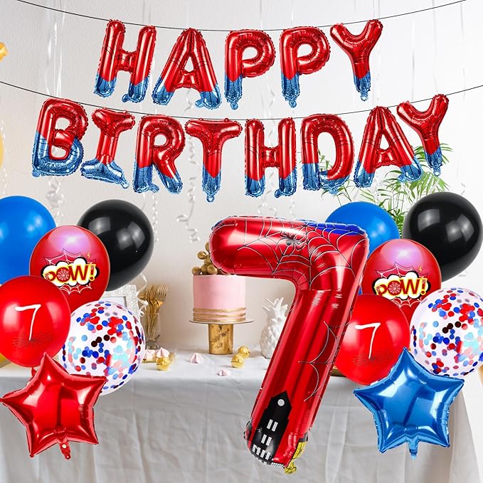 Cartoon Hero 40 Inch Red and Blue Spider Theme Number Foil Birthday Decoration Balloon, Spider Theme Happy Birthday Banner Party Decoration Balloon, Letter Logo Superhero Party Supplies (7)