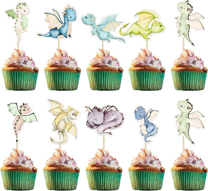 Ephlyn 36Pcs Dragon Party Cupcake Toppers Dragon Birthday Party Decoration Fantasy Dragon Cake Decorations for Flying Dragon Baby Shower Supplies