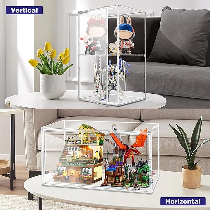 23.6'' Tall Acrylic Display Case 13.8''x12.2''x23.6'' Clear Display Case Adjustable Display Box with a Movable Divider Huge Showcase for Collectible Figure Doll, Dustproof Boot Helmet Storage Box