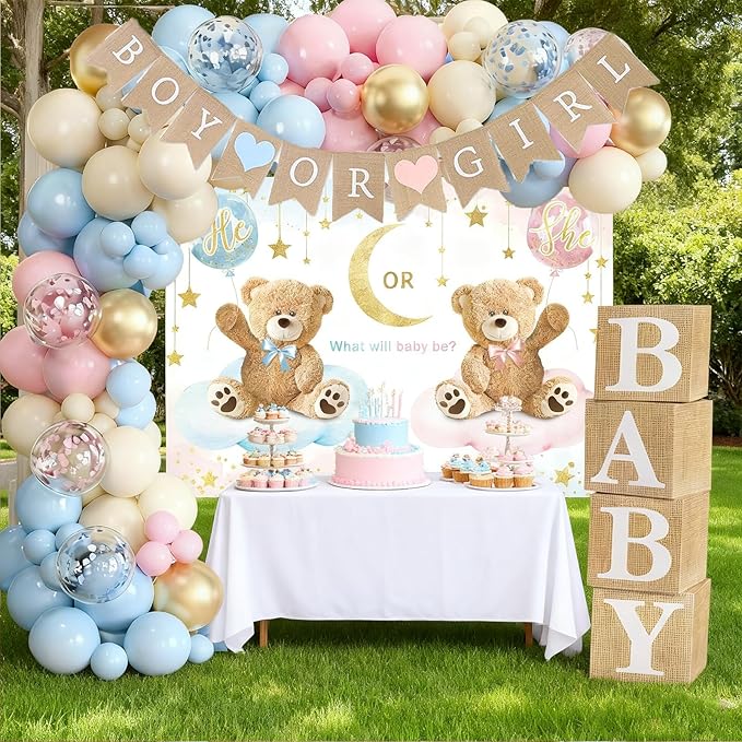 139Pcs Gender Reveal Decorations Kit with Baby Box Pink Blue Balloon Garland Arch Boy or Girl Burlap Banner He Or She Bear Backdrop Baby Shower Gender Reveal Ideas Decor Party Supplies
