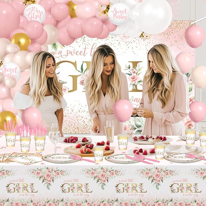 Baby Shower Decorations for Girl 278 Pcs Pink Floral Baby Shower Party Supplies: Little Girl Is on Her Way Banner, Plates, Napkins, Cups,Tablecloth, Balloons, Serve 24