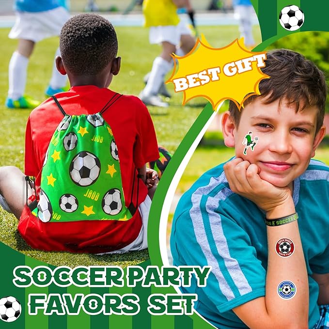 110Pcs Soccer Party Favors Drawstring Bags Soccer Goodie Bag with Mini Ball, Wristband, Slap bracelets, Keychains, Stickers for Soccer Party Supplies
