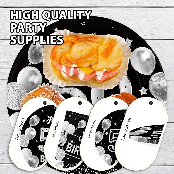 96Pcs Happy 50th Birthday Party Supplies Black and Silver 50th Plates and Napkins Tableware Sets Back in 1975 Birthday Party Decorations for Men Women Cheers to 50 Years Favors Decor Serves 24