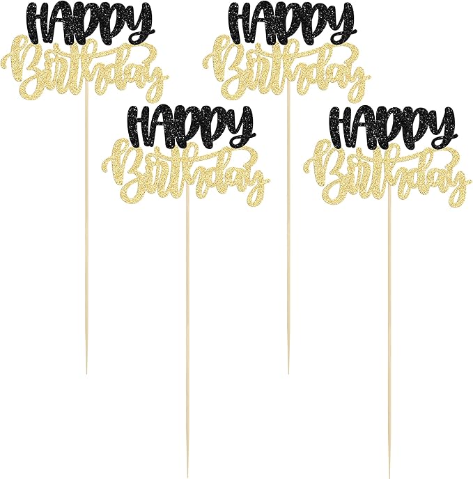 Gyufise 12Pcs Happy Birthday Centerpieces Sticks Double Sided Glitter Birthday Party Decorations Anniversary Table Flower Centerpiece for Celebrating Party Supplies Black Gold
