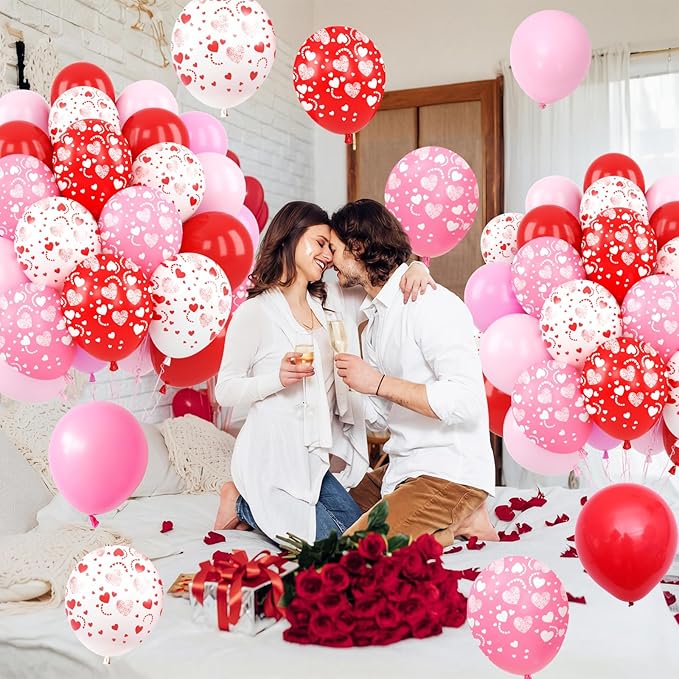 Red and Pink Balloons, 50 Pcs 12 Inch Pink and White Heart Printed Latex Balloon, Red Helium Heart Balloons, for Valentine’s Day Wedding Engagement Anniversary Baby Shower Birthday Party Decorations