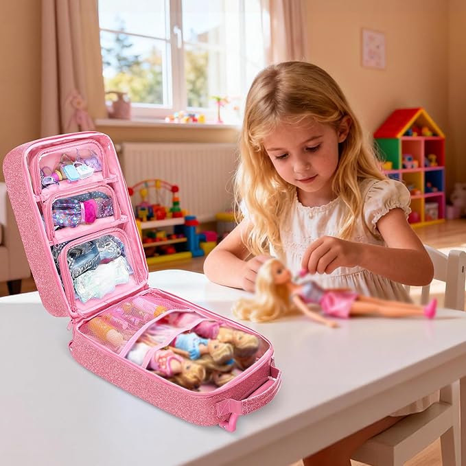 LoDrid Travel Backpack Compatible with Barbie Dolls 12-inch, Doll Carrying Case with Wheels, Suitcase Storage Organizer with Multiple Pockets for Doll Clothes and Accessories, Pink, Bag Only