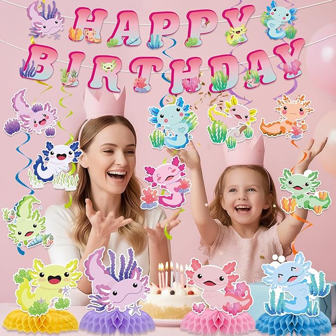 Axolotl Birthday Decorations Include Colorful Axolotl Happy Birthday Banners Hanging Swirls Honeycomb Centerpiece Reptile Animals Axolotl Theme Bday Party Supplies
