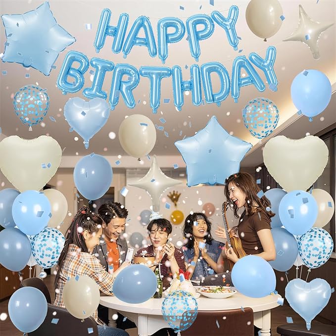 Dusty Blue Birthday Decorations for Boys Fog Baby Light Baby Blue Sand White Balloons Confetti Party Balloon Happy Birthday Banner Heart Balloons 18/10 Inch Star Balloon for Men Bday Party Supplies