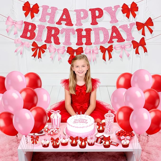 Red Pink Bow Birthday Party Decorations Bow Happy Birthday Banner Pink Red Balloons Cake and Cupcake Toppers for Girls Women Coquette Bday Wedding Bridal Valentine's Day Baby Shower Party Supplies