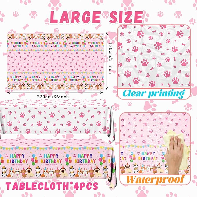 4 Pack Puppy Dog Tablecloth Pink Paw Print Table Cloth Disposable Rectangle Table Cover for Girls Kids Birthday Party Supplies, Puppy Pet Dog Themed Birthday Party Decorations