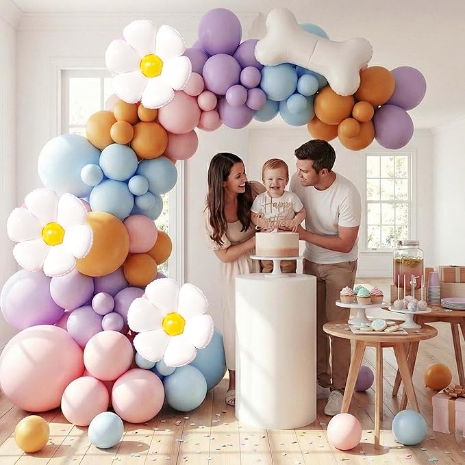 107Pcs Pastel Puppy Birthday Decorations for Girls, Macaron Pink Purple Blue Balloon Garland Arch Kit with Daisy Flower and Dog Bone Foil Balloons for Kids Pets Theme Party, Baby Shower Supplies