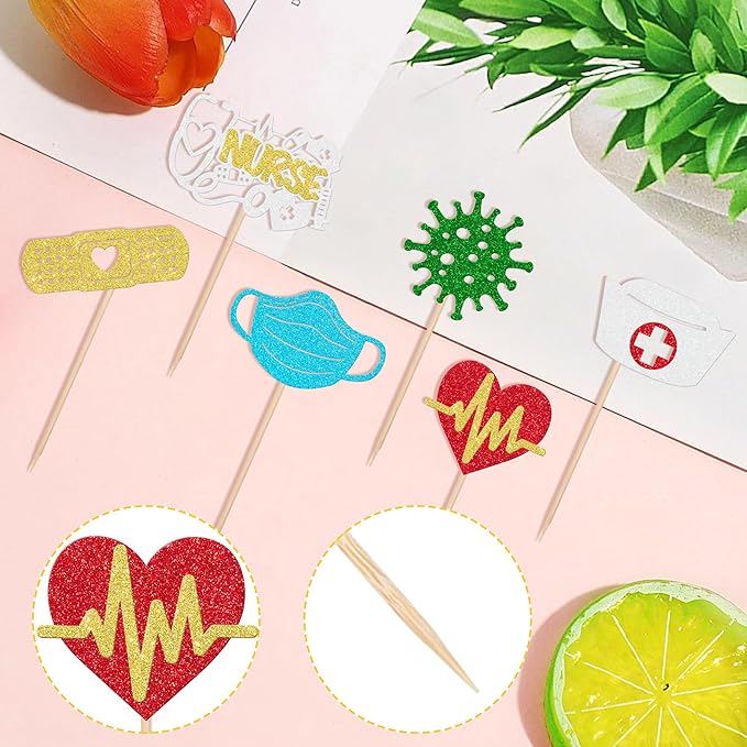 30 PCS Nurse Cupcake Toppers Glitter Nursing School Graduation Cupcake Picks Nurse Graduation Decorations for Medical Rn Nurse Grad Themed Birthday Party Cake Decorations Supplies