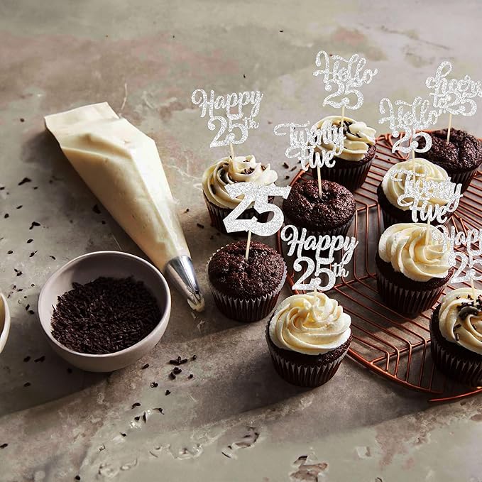 30Pcs 25th Birthday Cupcake Toppers Twenty Five Legal 25th Cupcake Picks Cheers to 25 Years Old Cake Decorations for 25th Anniversary Party Supplies Silver Glitter