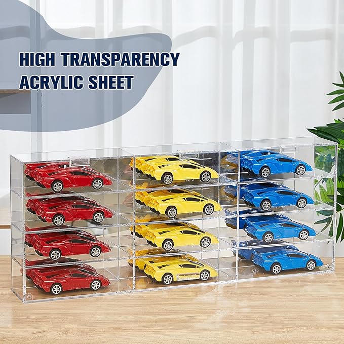 Juexica Clear Acrylic Toy Car Display Case 1: 24 Scale Diecast Display Box Wall Mounted Shelf for Storage Toy Car Mini Model Race(12 Grids)