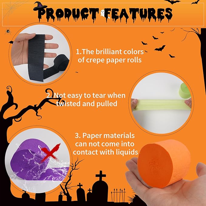 12 Rolls Halloween Crepe Paper Streamers, 4 Colors Halloween Party Streamers for Ceiling, Background Wall, Dining Table, Door, Window, Staircase, Yard Decoration
