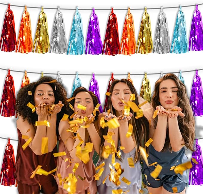 3P Lake Blue Orange-Red-Gold-Silver-Purple Metallic Fringe Tassel Banner Garland Foil Tinsel Streamer Wall Hanging Curtain Backdrop Banner for Parade Floats,Graduation Wedding Party Decorations