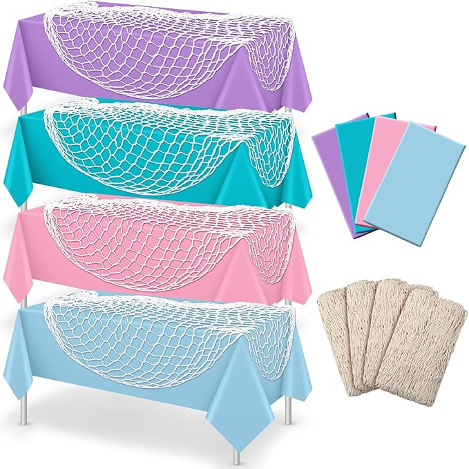 Unittype 8 Pcs Fish Net Decorative and Tablecloth Set, Cotton Fishnet and Plastic Table Cover Decorations Set for Nautical Themed Party Baby Shower Pirate Decorations Mermaid Party (Entranced)